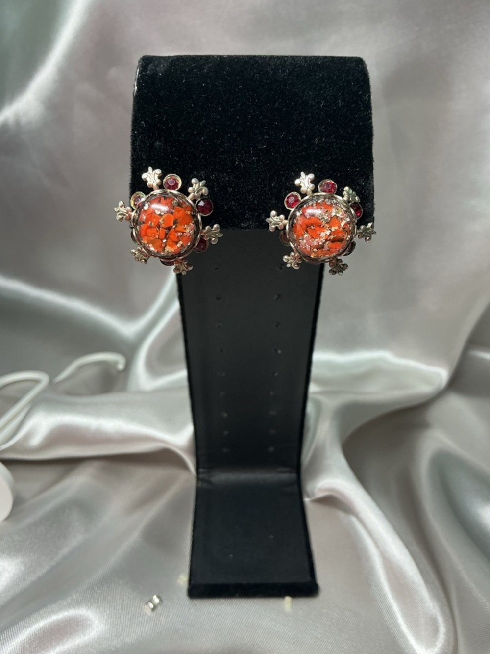 Sterling Floral Orange Mosaic Stud Earrings with Pink Accents